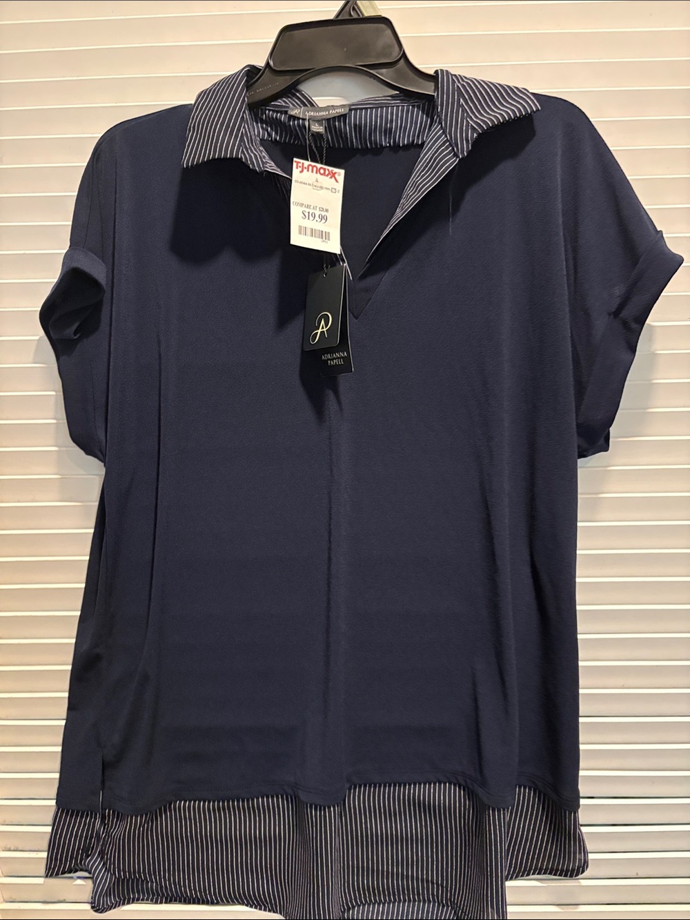 Adrianna Papell Navy Short Sleeve Tunic with Striped Collar